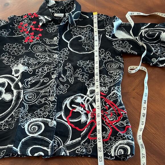 Chico’s 0 Black, White & Red Print Jacket Woman Size 4 Linen Blend Button Front - Picture 9 of 10